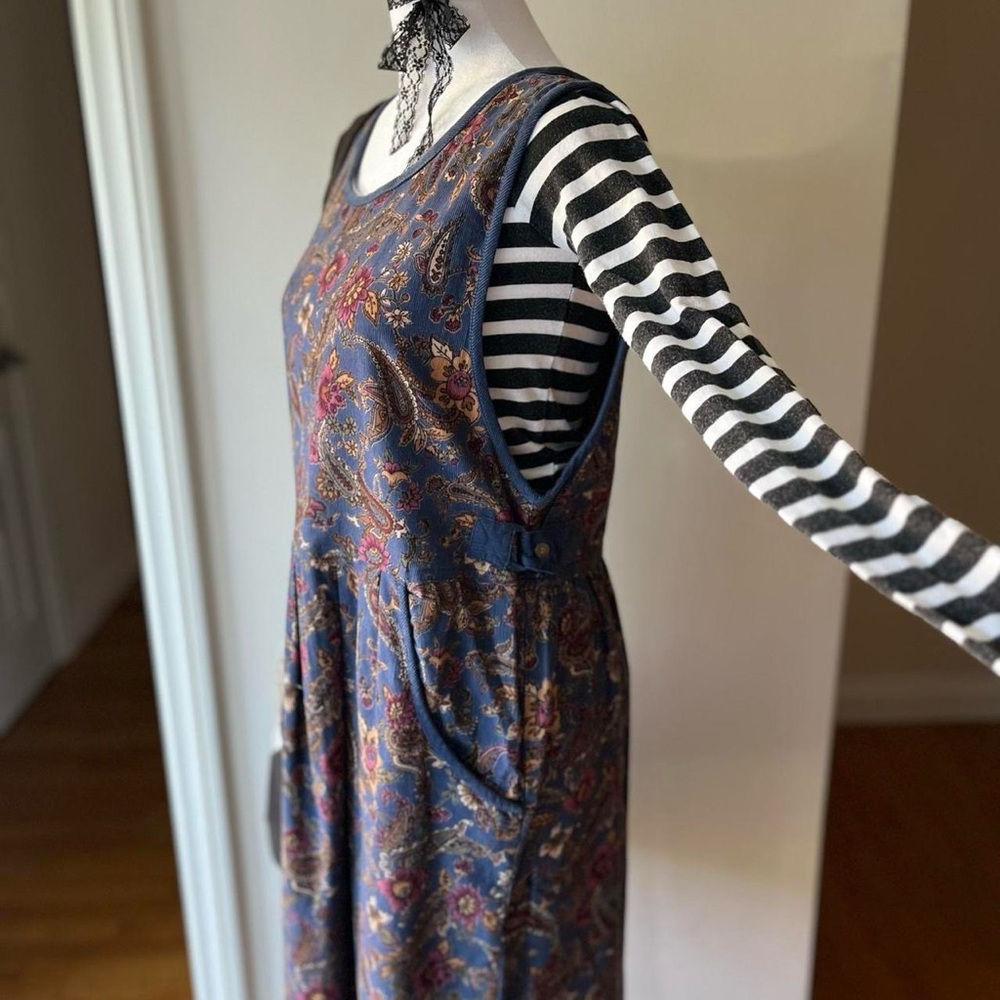 Vintage 90s Paisley Corduroy Maxi Babydoll Dress Whimsygoth Grunge Floral Blue M - Picture 7 of 11